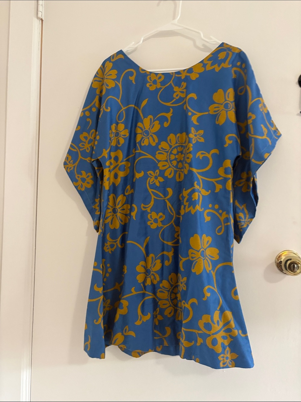 Vintage 60s Blue Hawaiian Floral Dress Bell Sleeves M/L
